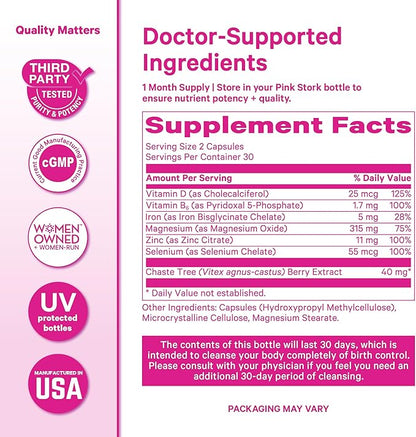 Pink Stork Birth Control Cleanse to Support Hormone Balance, with Chaste Tree Berry (Vitex), Magnesium, and Selenium, Period Support for Conception, Fertility Supplements for Women - 60 Capsules