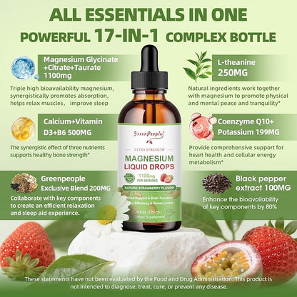 GREENPEOPLE Magnesium Glycinate Liquid Drop - 17-in-1 4Fl. Oz Triple Magnesium Complex Supplement with Glycinate 400mg & Citrate 500mg Taurate/L-Theanine for Calm Mood/Muscle/Sleep,Strawberry -2 Pack