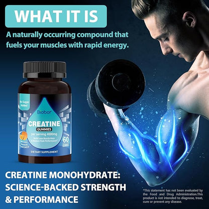 Biobor Creatine Monohydrate Gummies 4000mg for Men & Women, No Sugar Added, Chewable Creatine Supplement for Energy Boost, Muscle Strength, Vegetarian-Friendly, Gluten Free (Orange, 60 Count)