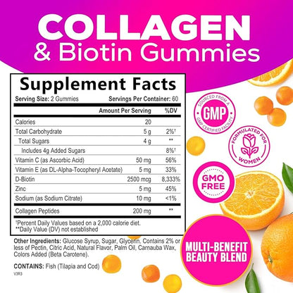 Collagen Gummies - 2500mcg Biotin Per Serving - Complete Collagen Supplement with Hydrolyzed Peptides Type I & III, Biotin, Zinc, & Vitamin C - Hair, Skin, & Nail Support Women & Men - 120 Gummies