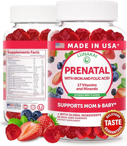 Lunakai USA Made 17-in-1 Prenatal Vitamins for Women with Iron & Folic Acid – Delicious Daily Prenatal Gummies for Maternal Wellness Support, 60ct