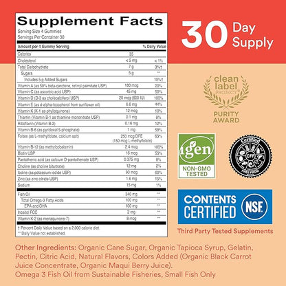 SmartyPants Kids Multivitamin Gummies: Omega 3 Fish Oil (EPA/DHA), Beta Carotene, Vitamin B12, B6, A, K & Zinc for Immune Support, Biotin, Grape, Cherry & Berry Flavors, 120 Count (30 Day Supply)