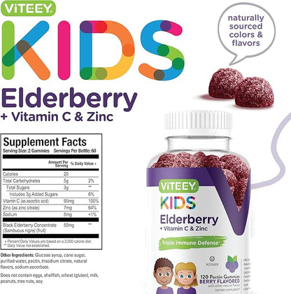 Viteey Sambucus Elderberry Gummies for Kids Immune Support Supplements with Zinc & Vitamin C 3-1 Immune Booster - Vegetarian, Gelatin Free, Gluten Free, GMO Free - Tasty Chewable Berry Flavored