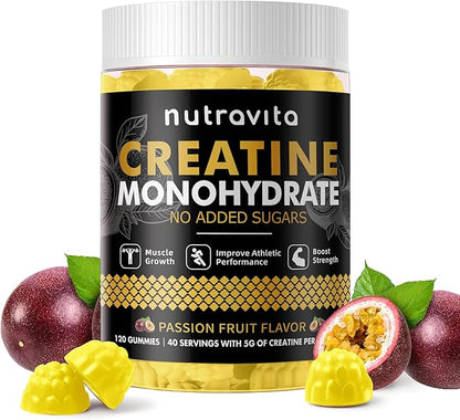Nutravita NSF Certified Creatine Gummy - Creatine Monohydrate Gummies for Men & Women-5g of Creatine Monohydrate per Serving - Sugar Free,Vegan, Passion Fruit Flavor, 120 Count