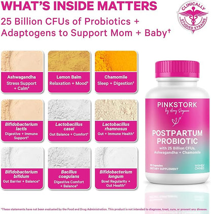 Pink Stork Probiotics for Postnatal Women - 30 Billion CFUS with Ashwagandha and Chamomile, Postpartum Essentials for Hormone Balance, Mood Support, Gut Health, Digestive Wellness, 30 Capsules
