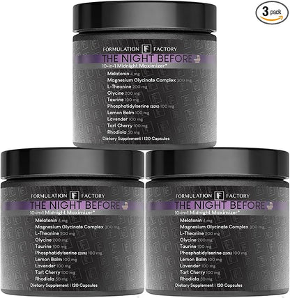 Formulation Factory 10-in1 Magnesium Glycinate Sleep Aid - The Night Before Recovery Complex with Melatonin & L-Theanine - Natural Relaxation Support (6 Month Supply, 360 Capsules)