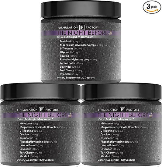 Formulation Factory 10-in1 Magnesium Glycinate Sleep Aid - The Night Before Recovery Complex with Melatonin & L-Theanine - Natural Relaxation Support (6 Month Supply, 360 Capsules)