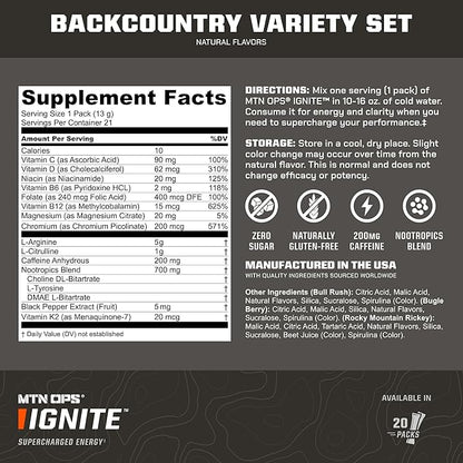 MTN OPS Ignite Sugar Free Energy Drink Powder Variety Pack with 200mg Caffeine, Travel Pre Workout Packets for to-Go Energy, Nootropic Blend, L Arginine & L Citrulline, Backcountry Flavors