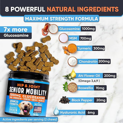 Glucosamine for Dogs -1000mg- Senior Dog Joint Supplement -Advanced Hip & Joint Support Chews w/Glucosamine, Chondroitin, MSM, Turmeric & Omega 3 for Pain & Inflammation Relief, Improved Mobility