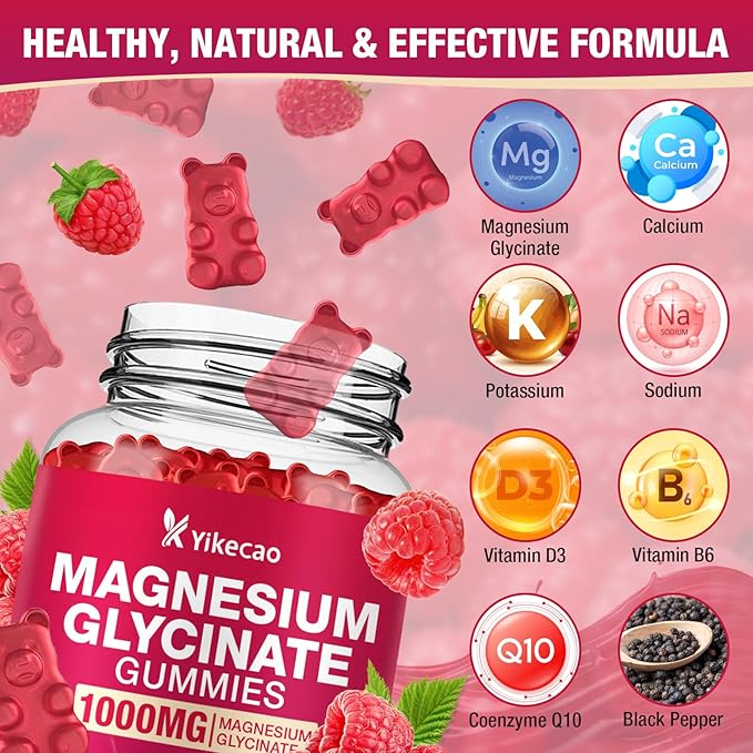 Magnesium Glycinate Gummies 1000mg, Magnesium Gummies for Adults & Kids with L-Threonate, Magnesium Supplement for Relaxation, Calm, Sugar Free, Raspberry Flavor, 60 Count