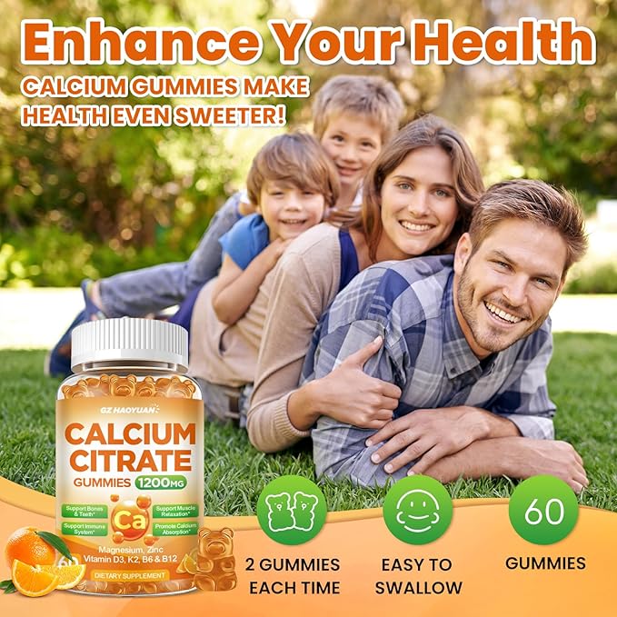 Calcium Citrate Gummies - 1200mg Calcium Gummies Supplements for Women & Men with Vitamin D3, K2, Magnesium, Zinc High Absorption for Bone, Muscle & Immune Support, Orange Flavor, 60 Count