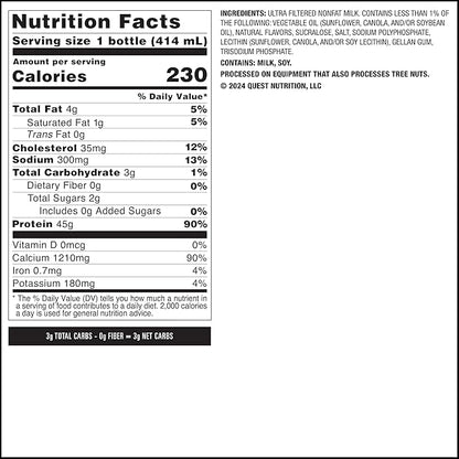 Quest Nutrition Vanilla Protein Shake,45g Protein,2g Sugar,3g Net Carbs,Ready to Drink,Gluten Free,(Pack of 24)