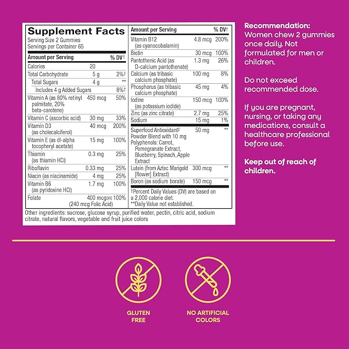 Nature’s Way Alive! Women’s 50 Plus Multivitamin Gummy, Daily Chewable Multivitamins with B-Vitamins, Vitamin D3, Calcium, Supports Heart, Brain & Bone Health,* Mixed Berry Flavored, 130 Count