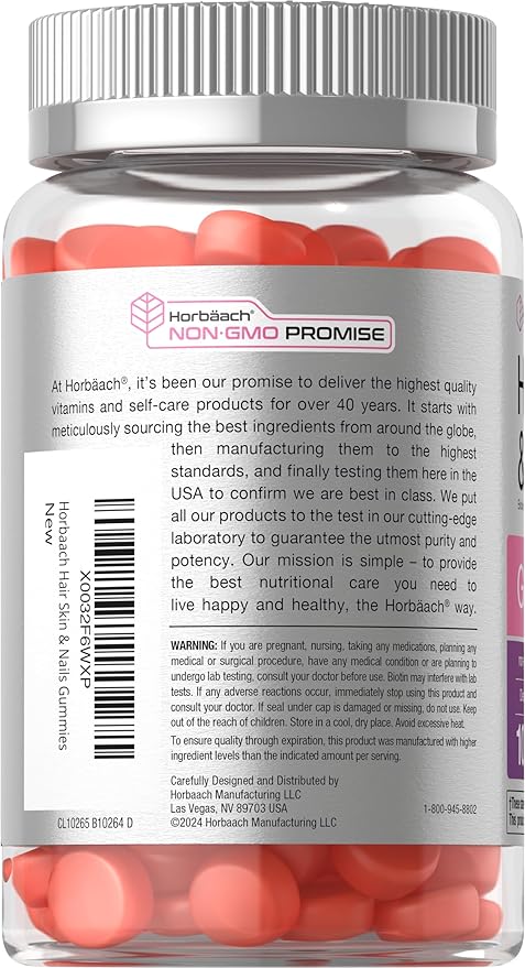 Horbäach Hair Skin and Nails Gummies | 100 Count | Supplement with Biotin for Men and Women | Fruit Flavored Vitamins | Vegan, Non-GMO, and Gluten Free