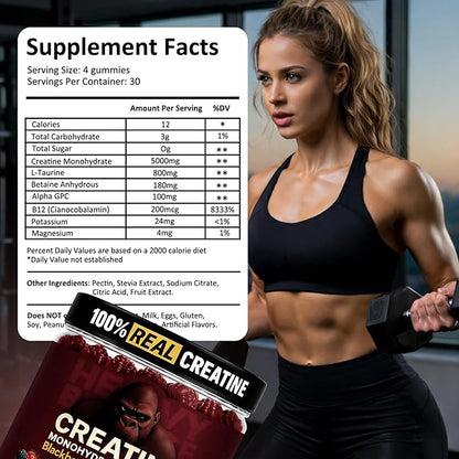 Creatine Monohydrate Gummies 5g Sugar Free Creatine with Vitamin B12 and L-Taurine | Muscle Growth for Men and Women | Low Calorie Formula 120 Gummies for 30 Servings, Mixed Berry