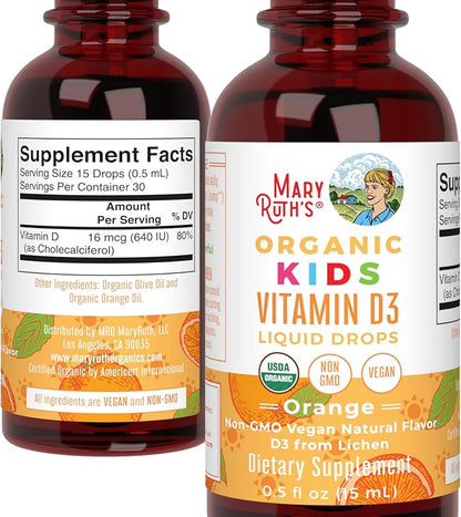 MARYRUTH'S USDA Organic Vitamin D3 Liquid Drops for Kids | 640 IU Vitamin D3 Per Serving | Kids Immune Support & Bone Health Supplement | Formulated for Ages 4-13 | 0.5oz | 30 Servings