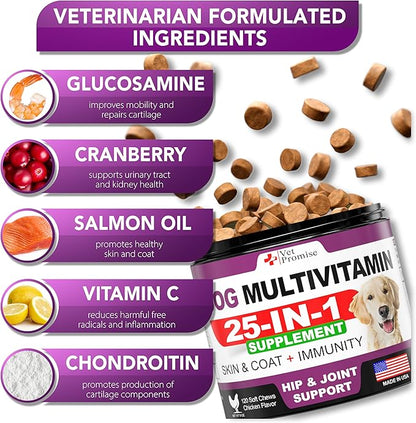 Dog Multivitamin Chewable with Glucosamine - Dog Vitamins and Supplements - Senior & Puppy Multivitamin for Dogs - Pet Joint Support Health - Immunity - Mobility - Energy - Gut - Skin - 120 Chews