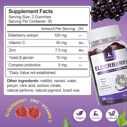 120 Gummies Sambucus Elderberry Gummies - Immune Support for Adults and kids 4+ 5 in 1 with Vitamin C, Zinc, Yeast β-glucan, Probiotics Complex, Nature Elderberry Supplement, Non-GMO, Gluten Free
