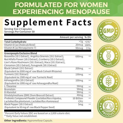 GREENPEOPLE Menopause Supplements for Women - Black Cohosh & Ashwagandha for Hot Flashes, Night Sweats, Mood Swings, Hormonal Balance Support,10 Billion CFU Probiotic - 90 Capsules Vegan Gluten-Free