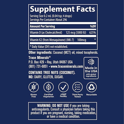Trace Minerals | Liquid Ionic Vitamin D3 + K2 | 125 mcg (5,000 IU) D3, 100 mcg K2 | Concentrated Dietary Supplement | 2 fl oz. 296 Servings