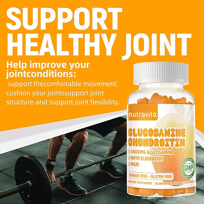 Nutravita Glucosamine Chondroitin Gummies with MSM & Elderberry Extra Strength - Joint Support, Antioxidant Immune Support Supplement for Adults, Men & Women.120 Orange Chews