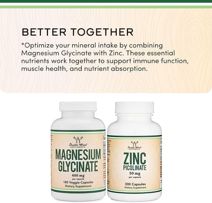 Magnesium Glycinate 400mg | 180 Capsules | Sleep, Muscle, & Heart Support | Vegan, Third Party Tested, Gluten Free, Non-GMO, by Double Wood Supplements