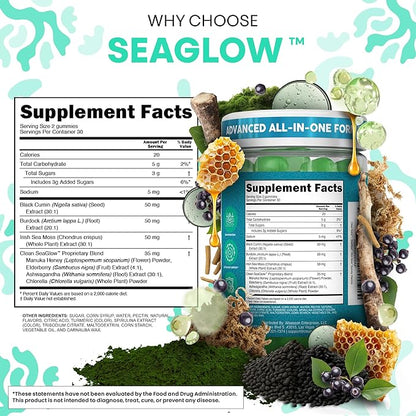Clean Nutra Sea Moss Gummies Black Seed Oil Chlorella Ashwagandha Root Hair Growth Skin Glow Irish Sea Moss Elderberry Burdock Manuka Honey Trace Minerals Detox 60 Gummy Vitamins Sea Glow Supplement