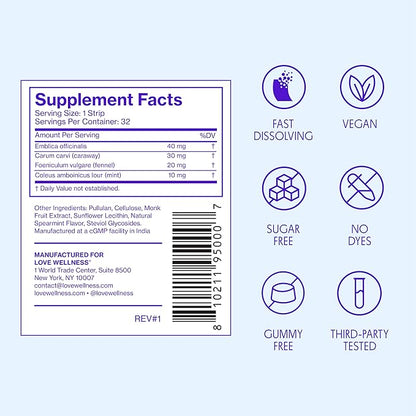 Love Wellness Bloat* Quick Melt Strips - Fast-Dissolving Digestive Support with Mint, Fennel, and Caraway - Helps Ease Occasional Bloating* - No Water Needed - Vegan and Sugar Free - 32 Strips