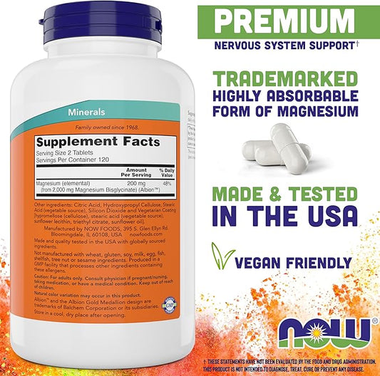 Now Foods Magnesium Glycinate, 240 Tablets - Supports Healthy Muscle and Nerve Functions - Non-GMO