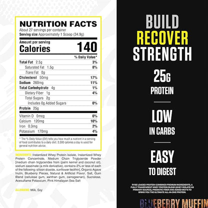 RYSE Loaded Protein Powder - Blueberry Muffin - 25g Whey Protein Isolate & Concentrate with Prebiotic Fiber & MCTs - Low Carb, Low Sugar, Digestive-Friendly - 54 Servings / 4 lb Tub
