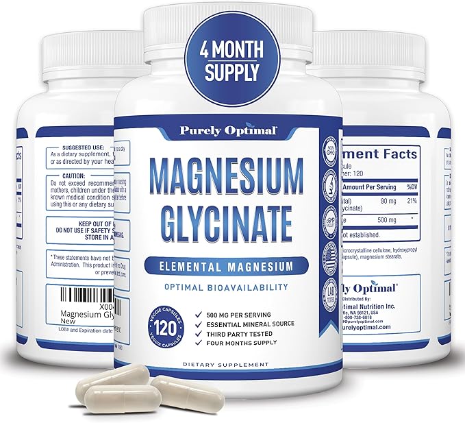 Purely Optimal Magnesium Glycinate 500mg – Sleep Support & Stress Relief – Gentle, High Absorption Magnesium Supplement for Muscle Relaxation, Calm & Nerve Support – 120 Capsules