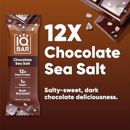 IQBAR Clean Plant Protein Bars - Chocolate Sea Salt - 12 Count - Keto, Vegan, High Fiber, Gluten and Dairy Free, Low Sugar Snack - Brain and Body Nutrients for Focus, Energy, Meal Replacement