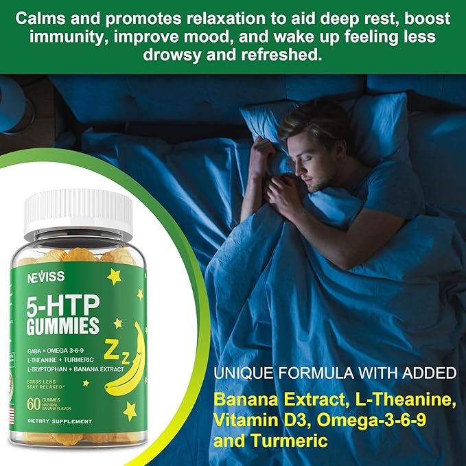 1Pack 5-HTP 400MG Gummies + GABA - Melatonin Free - Relaxation Gummies with Banana Extract, L-Theanine, Turmeric, L-Tryptophan, Vitamin D3 for Healthy Rest Cycle,Circadian Rhythm, Brain & Muscle Relax