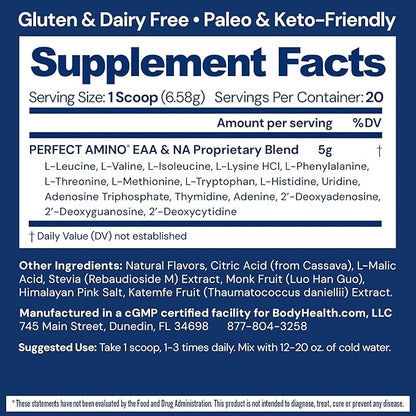 BodyHealth PerfectAmino - BCAA and EAA Powder for Pre and Post Workout - Amino Acid Energy Drink for Men and Women to Support Lean Muscle and Recovery - Mixed Berry - 20 Servings