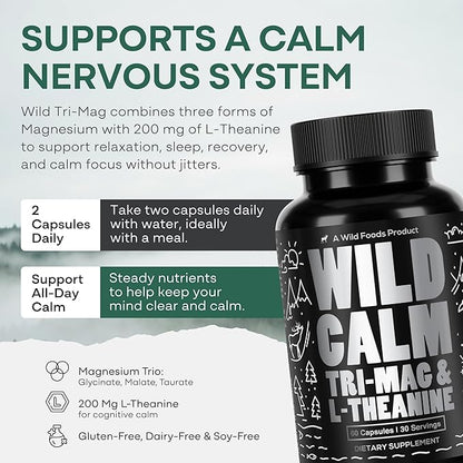 Wild Foods 3 in 1 Magnesium Glycinate L Theanine for Calm Sleep & Muscle Relaxation - Glycinate, Malate, Taurate - 100% Natural Magnesium Complex for Women and Men - 60 Capsules
