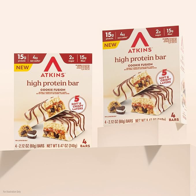 New Atkins High Protein Bars, Cookie Fusion Flavor, 15g of Protein, 4g Net Carbs, 4 Count (Pack of 3)