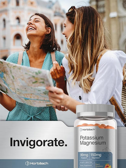 Horbaach Potassium Magnesium Gummies | Peach Strawberry Flavor | 70 Chewable Gummy | Vegan, Non-GMO, and Gluten Free Supplement
