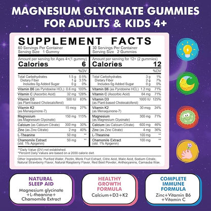 Magnesium Glycinate Gummies for Kids 4+ & Adults- Melatonin Free Sleep Aid, Magnesium Glycinate 150/300 mg Supplements for Calm & Relaxation Support, Sugar Free Strawberry Flavor, 120 Ct