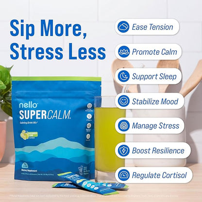 Nello Supercalm Powdered Drink Mix, Cortisol Reducer and Sleep Aid Supplement, L Theanine, Ksm-66 Ashwagandha, Magnesium Glycinate, Vitamin D 3, No Sugar, Non GMO, On The Go, 20 Ct, Cucumber Lime