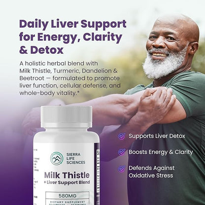 Milk Thistle+ Liver Support Blend | 580mg with Turmeric, Dandelion Root, Beet, & Black Pepper | for Liver Enzyme Support, Detox & Antioxidant Defense | 60 Capsules