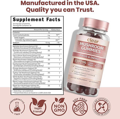 Clear Mushroom Gummies, Lions Mane, Reishi, Cordyceps, Chaga 10:1 Extract (Raspberry Flavor) - 2500mg 10 Mushroom Focus Gummies for Brain Health, Memory, Calm Energy, 3rd Party Tested