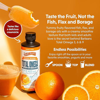 Barlean's Total Omega 3 6 9 Liquid Fish Oil Supplement with Borage and Flaxseed Oil, Orange Crème, 2,400 mg of EPA, DHA and GLA Fatty Acids, 16 oz