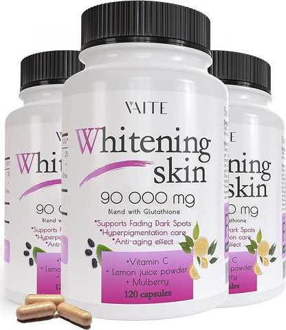VAITE Glutathione Whitening Pills - Dark Spots & Acne Scar Remover - 90000mg - Vegan Skin Bleaching Pills with Anti-Aging & Antioxidant Effect - 120 Capsules (3 Pack)