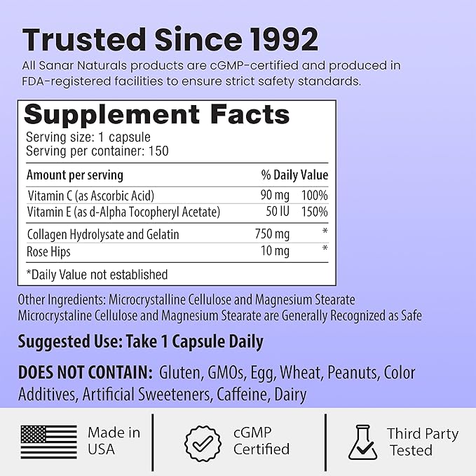 Sanar Naturals Collagen Pills for Women & Men | Hydrolyzed Peptides with Vitamin E & Vitamin C | Supports Hair, Nail, Skin, Bone & Joint Health, Reduce Wrinkles | Grass Fed, Non-GMO,150 Capsules