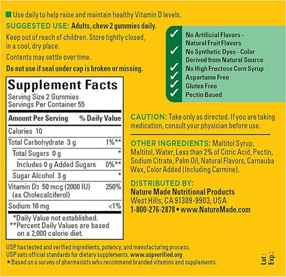 Nature Made Zero Sugar Vitamin D3 Gummies 2000 IU (50 mcg) Per Serving, Bone & Immune Support, Aspartame Free, 110 Vitamin D Gummies, 55 Day Supply