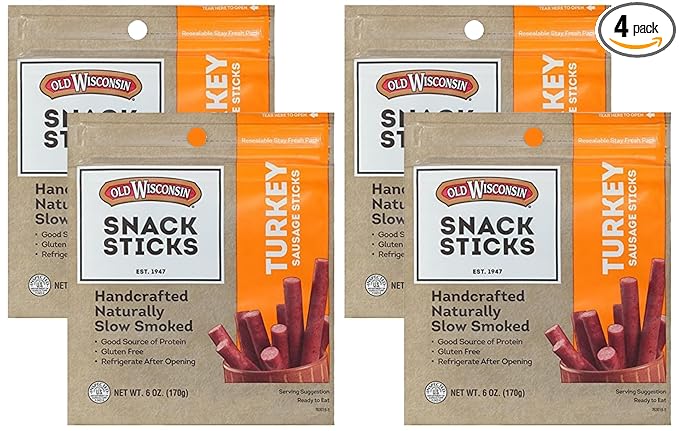 Old Wisconsin Turkey Sausage Snack Sticks, Naturally Smoked, Ready to Eat, High Protein, Low Carb, Keto, Gluten Free, 6 Ounce Resealable Package (Pack of 4)