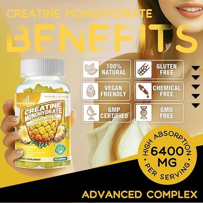 Creatine Monohydrate Gummies Complex for Men & Women -Advanced Formula W/L-Taurine + Vitamin B12, Sugar Free Chewable Supplement,180 Pineapple Gummies 2pack
