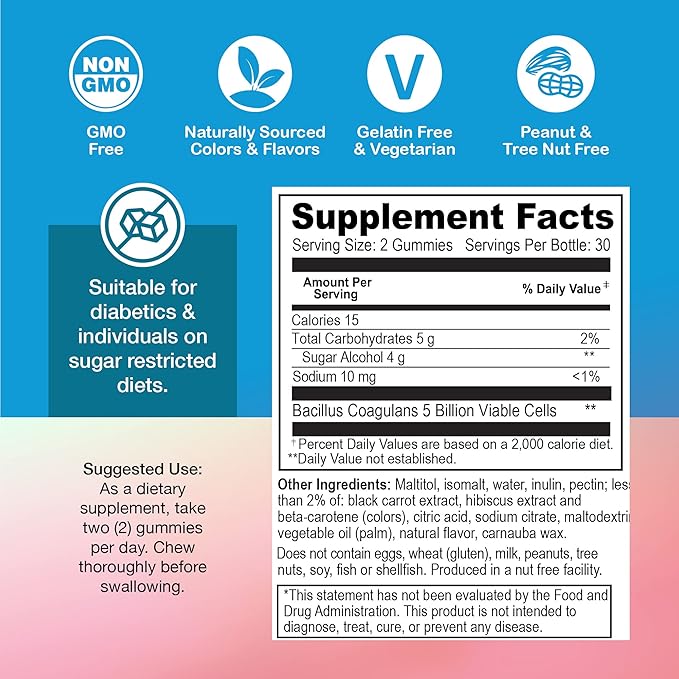YUM-V'S Sugar Free Probiotic Gummies - Probiotics for Men & Women to Help Support Digestive Function – Adults & Kids Probiotic with 5 Billion CFU Bacillus Coagulans – Vegan & Gluten-Free (Pack of 2)