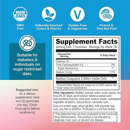 YUM-V'S Sugar Free Probiotic Gummies - Probiotics for Men & Women to Help Support Digestive Function – Adults & Kids Probiotic with 5 Billion CFU Bacillus Coagulans – Vegan & Gluten-Free (60 Count)