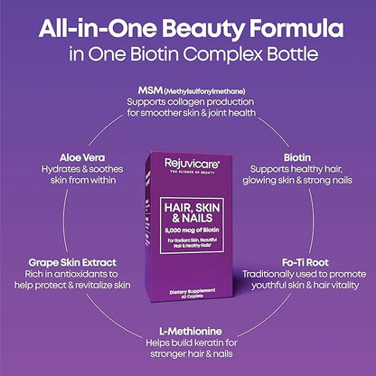 Hair Skin and Nails, Hair Growth Support, Healthy Skin & Nails, Biotin, Vitamins B1, B2, B3, B6 & B7 + B1, Supports Healthy Hair, Radiant Skin and Strong Nails, Vegan, 60 Caplets